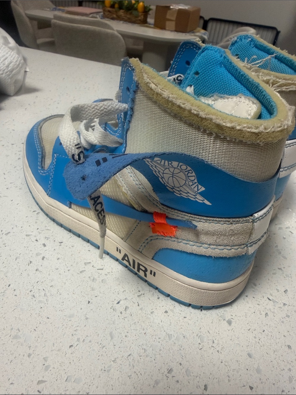Off white Jordan High-Top Sneakers in Blue and Cream with Orange Accent - Picture 2 of 8
